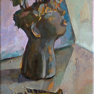 Still life painting with a funny flower pot, palette and paint tubes