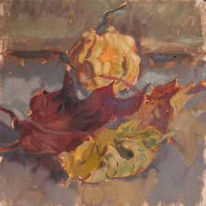 Still life painting of a small pumpkin and autumn leaves in earthly tones