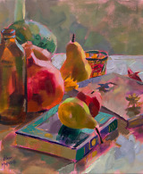 Still life painting with books, pumpkins, pears, candles and a glass bottle