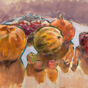 Still life painting of autumn harvest vegetables and fruit