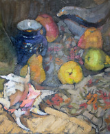 Still life with fruit, a bottle, a vase and a shell painted with oil on canvas in dark tones