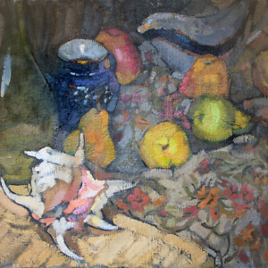 Still life with fruit, a bottle, a vase and a shell painted with oil on canvas in dark tones