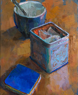 Still life painting with tea and a mug in blue and orange colours