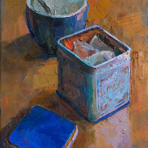 Still life painting with tea and a mug in blue and orange colours