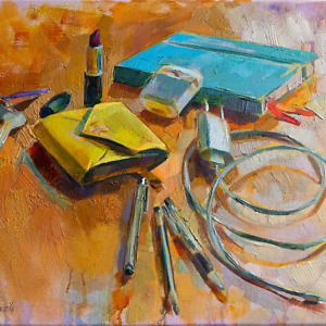 Still life painting with a wallet, lipstick, keys, notebook, pens, air-pods and a charger