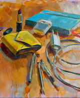 Still life painting with a wallet, lipstick, keys, notebook, pens, air-pods and a charger
