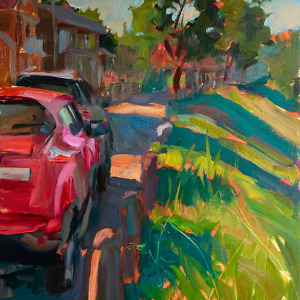 Oil painting of a street and a red car in the evening light