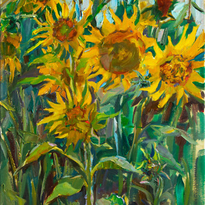 Oil painting of a sunflower field