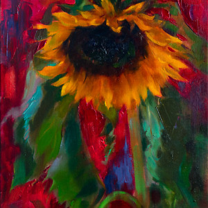 Sunflower painted on red background in expressive realism style