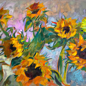 Oil painting of sunflowers in a modern expressionist manner