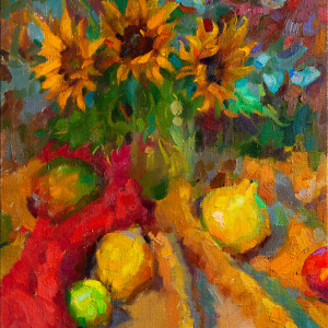 A still life painting portraying sunflowers and assorted fruits arranged on a drapery in warm, inviting hues