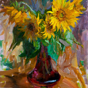 A vibrant painting showcasing sunflowers arranged in a deep burgundy vase