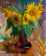 A vibrant painting showcasing sunflowers arranged in a deep burgundy vase