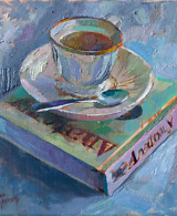 Still life painting with a cup of tea and a book in cool blue tones