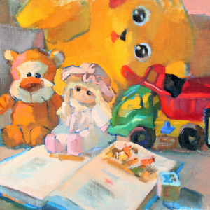 Colorful still life painting with toys