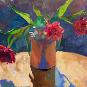 Oil painting of pink tulips in the sunlight on blue background