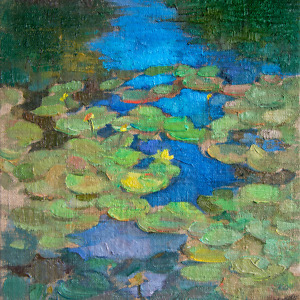 Water lilies and sky reflection, painted with oil