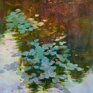 Vibrant water lilies illuminated by the sunlight painted with oil on canvas