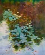 Vibrant water lilies illuminated by the sunlight painted with oil on canvas