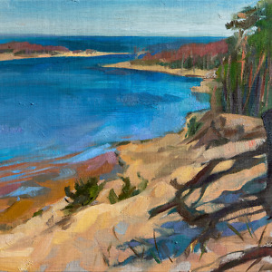 Landscape painting of a dune and the river flowing into the sea