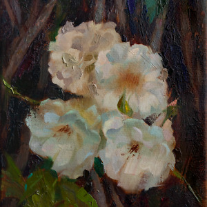 Oil painting of white roses on a dark brown background