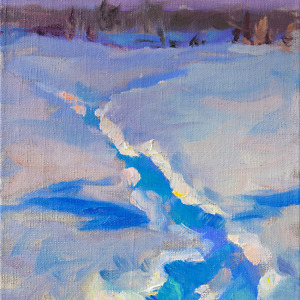 A winter landscape painting in blue and purple colors