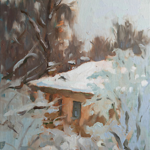 Painting of a house and trees around it in winter, covered in snow