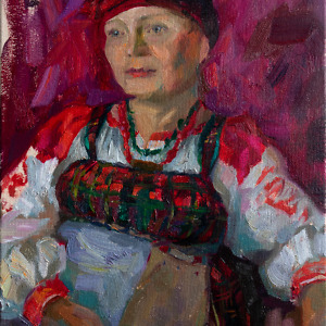 Portrait painting of a woman in a folk costume in red tones