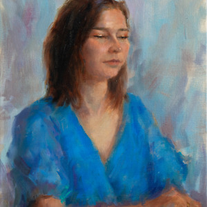 Portrait painting of a young woman wearing a blue dress