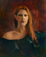 Portrait of a beautiful woman on a dark background, painted with oil on canvas