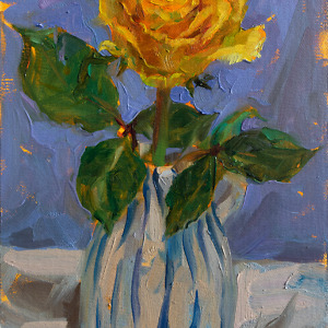 Yellow rose in a vase on a lilac background, painted with oil